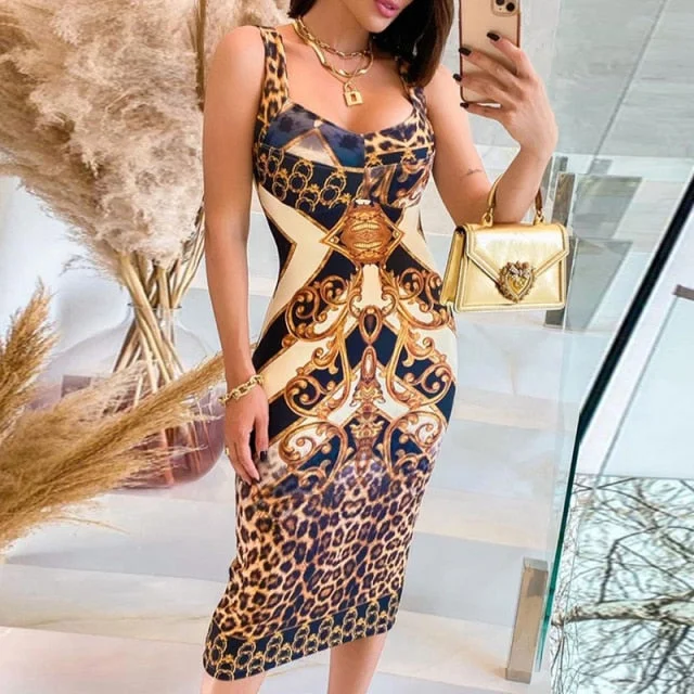 Sexy Fashion Sleeveless Cheetah Scarf Print Colorblock Midi Dress