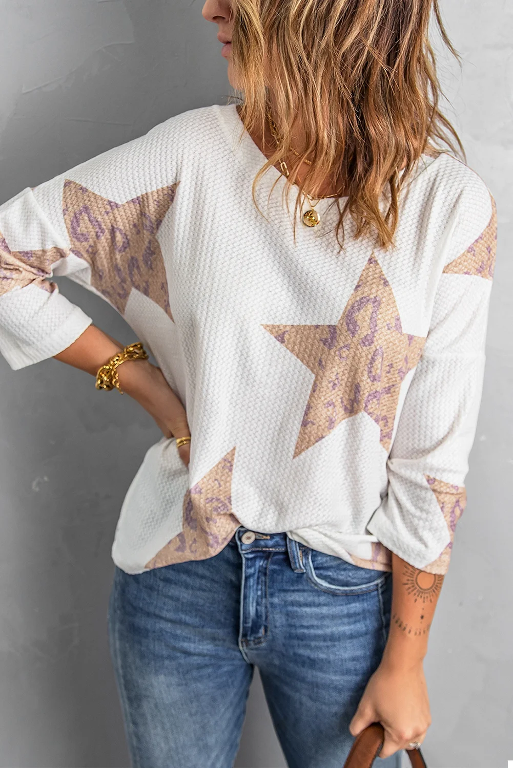 White Leopard Star Waffle Knit Long Sleeve Top | IFYHOME