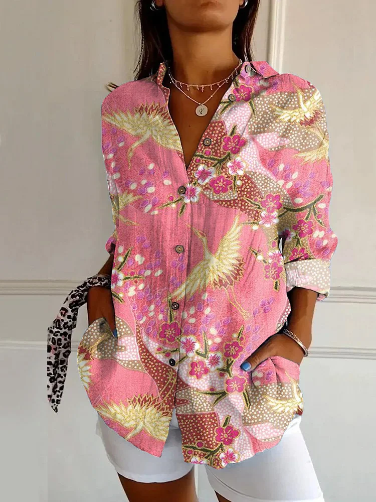 Japanese Classic Pink Crane Print Casual Long-sleeved Shirt