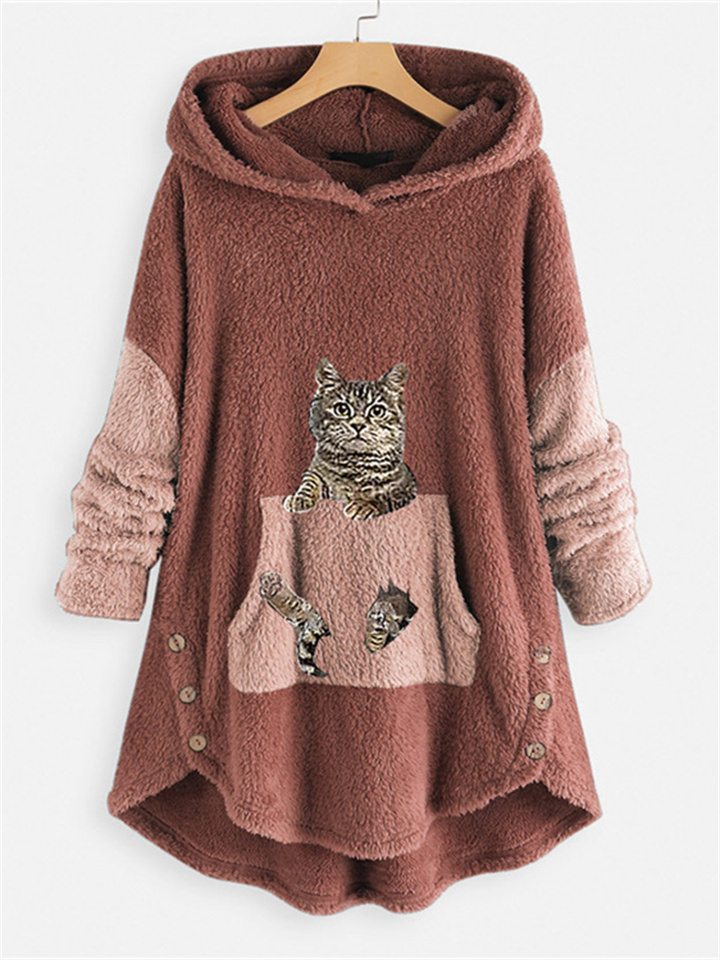 Women's Plus Size Tops Hoodie Sweatshirt Animal Cat Long Sleeve Hooded Casual Teddy Home Daily Polyester Winter Fall Green Pink