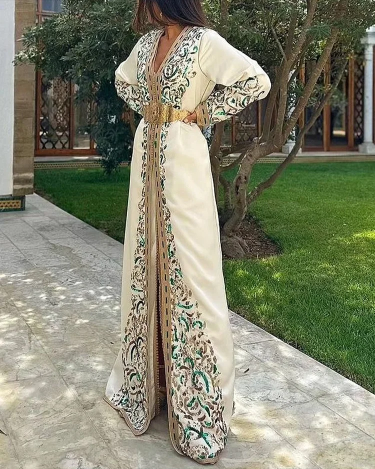 Women's V Neck Embroidered Moroccan Dress