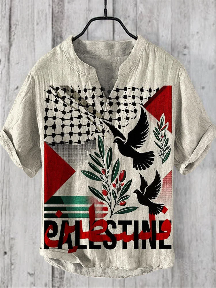 Palestine - Falastine Freedom Print Linen Men's V-Neck Shirt