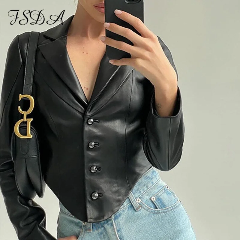 FSDA 2021 V Neck PU Leather Cropped Jackets Women Black Long Sleeve Fashion Vintage Biker Coats 90s Outwear Y2K