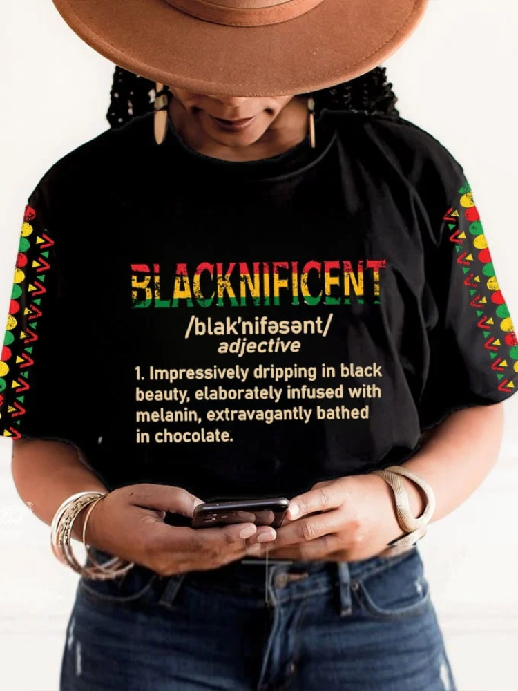 Women's Juneteenth Blacknificent Pride Black Beauty Print T-Shirt