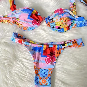 Vacation color print steel underwire bikini (M)