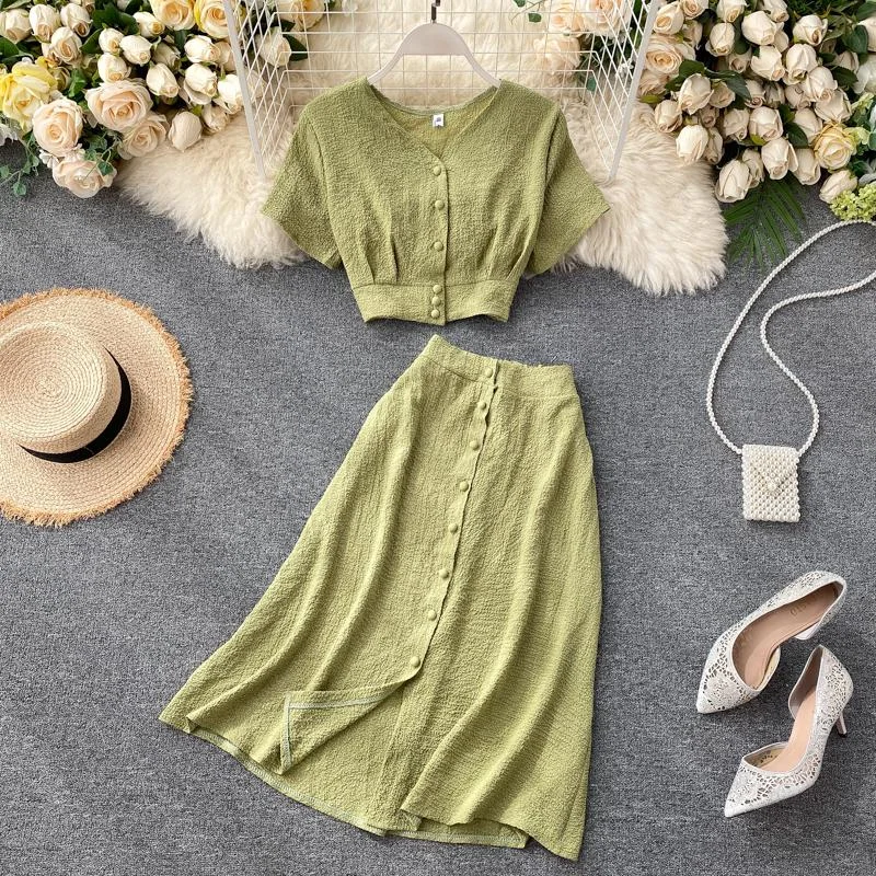 FTLZZ New Summer Women Casual V Neck Single Breasted Crop Tops High Waist A-line Solid Color Skirt Two Piece Set