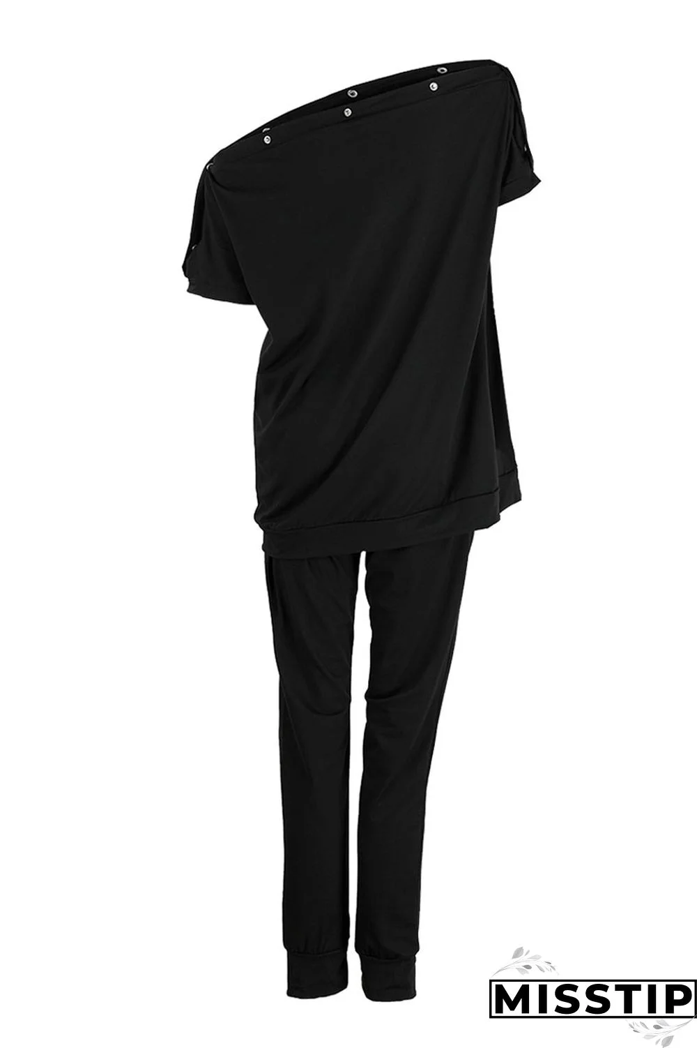 Black Casual Solid Patchwork Oblique Collar Short Sleeve Two Pieces