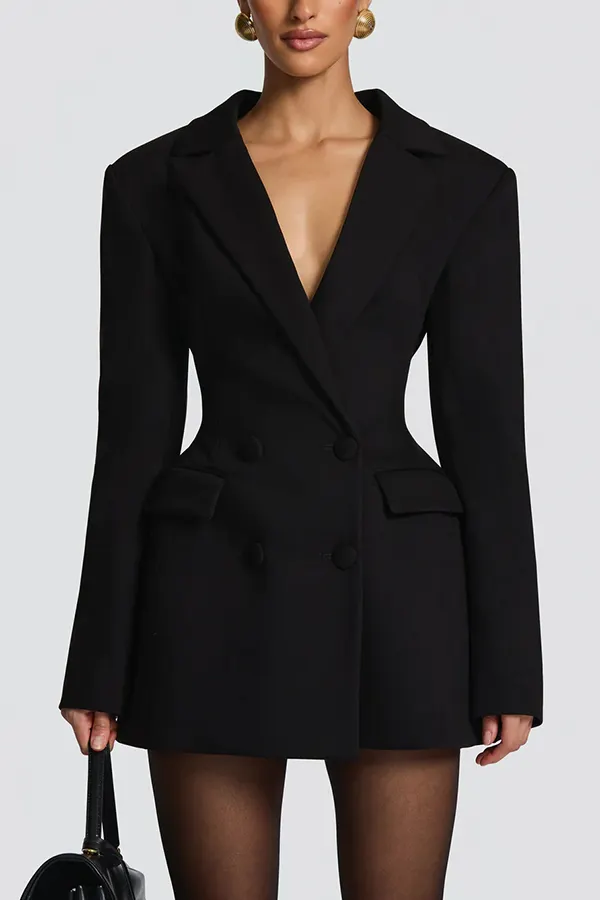 Elvira Double-breasted Long Sleeve Adjustable Back Belt Lapel Blazer Mini Dress