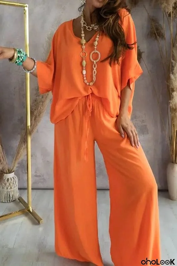 Solid Color V-Neck Loose Pants Suit