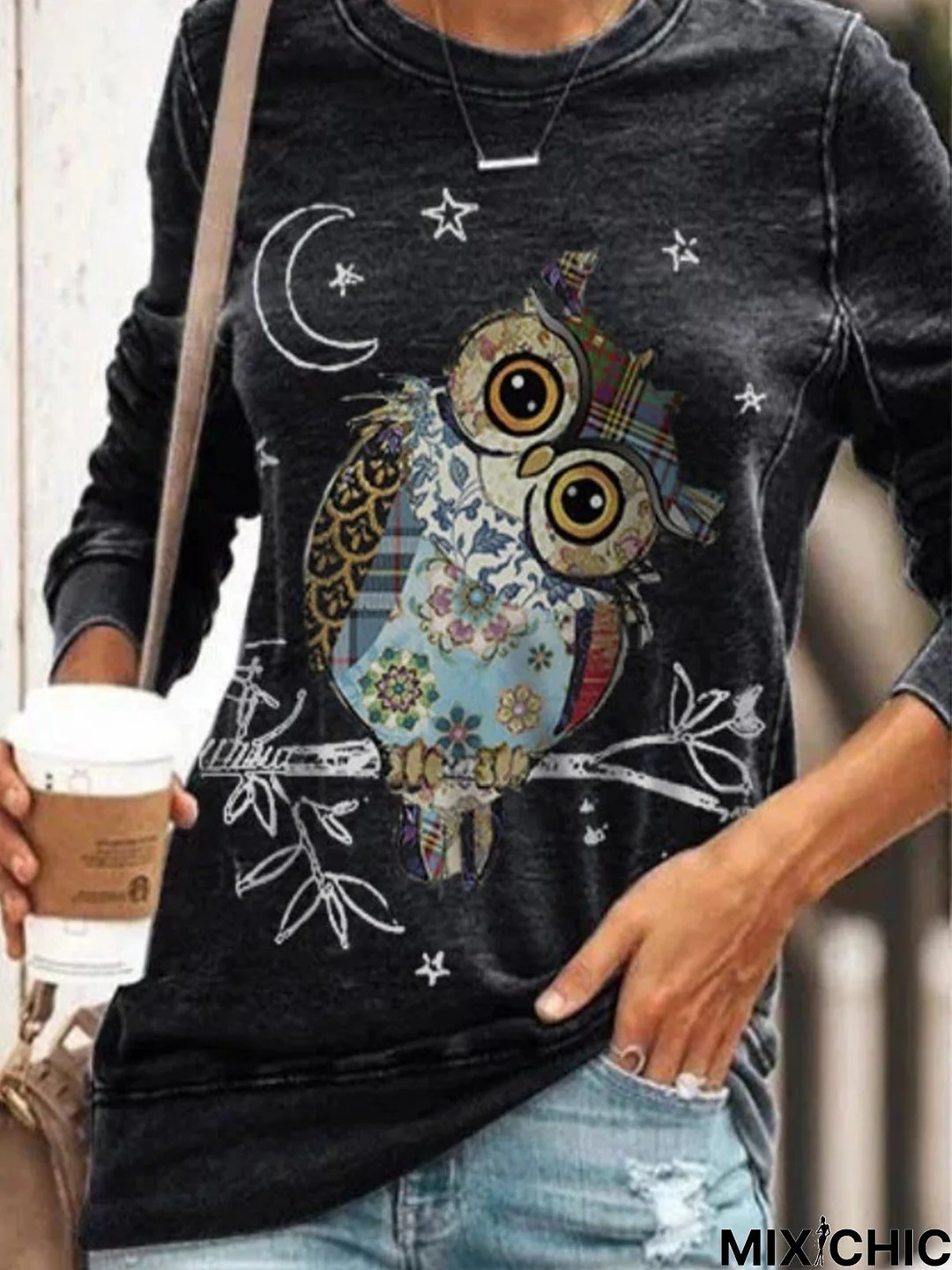 Vintage Owl Star Moon Printed Plus Size Long Sleeve Crew Neck Casual Tops