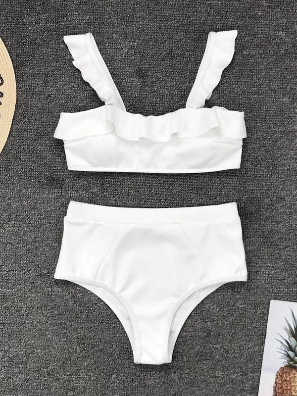 Solid Color Falbala Split Bikini Swimsuit