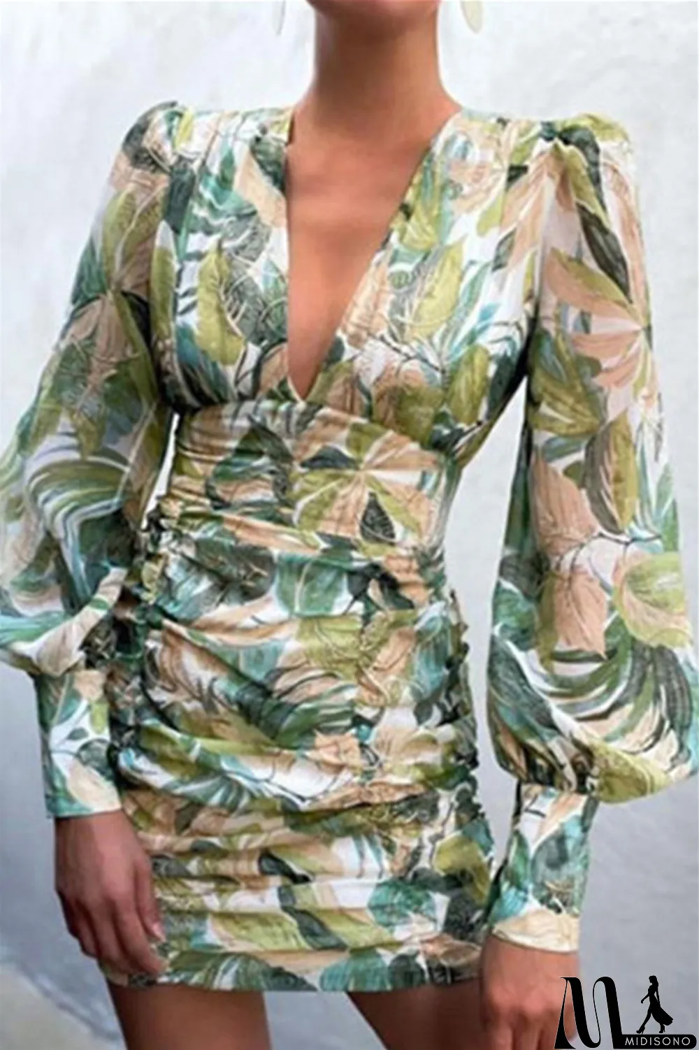 MidiSono - Green Fashion Sexy Print Fold V Neck Long Sleeve Dresses