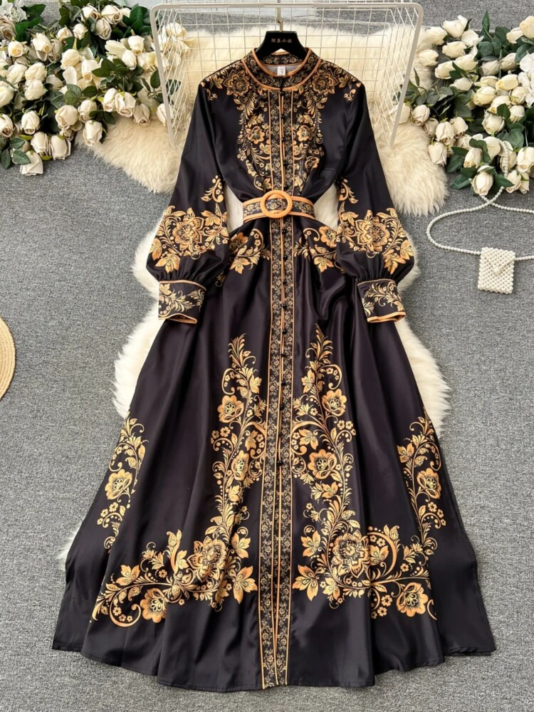 Gamezelite Women French Retro Elegant Printed Dress Court Style Single Breasted Long Sleeve Blue Long Dresses Ladies Party Long Robe