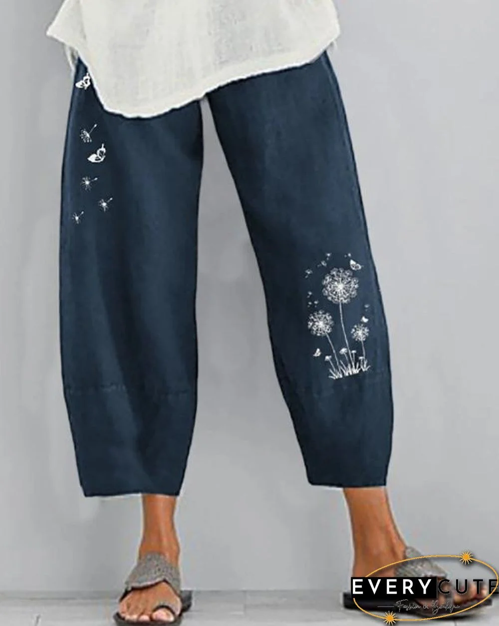 Women Linen Shift Casual Floral Pants