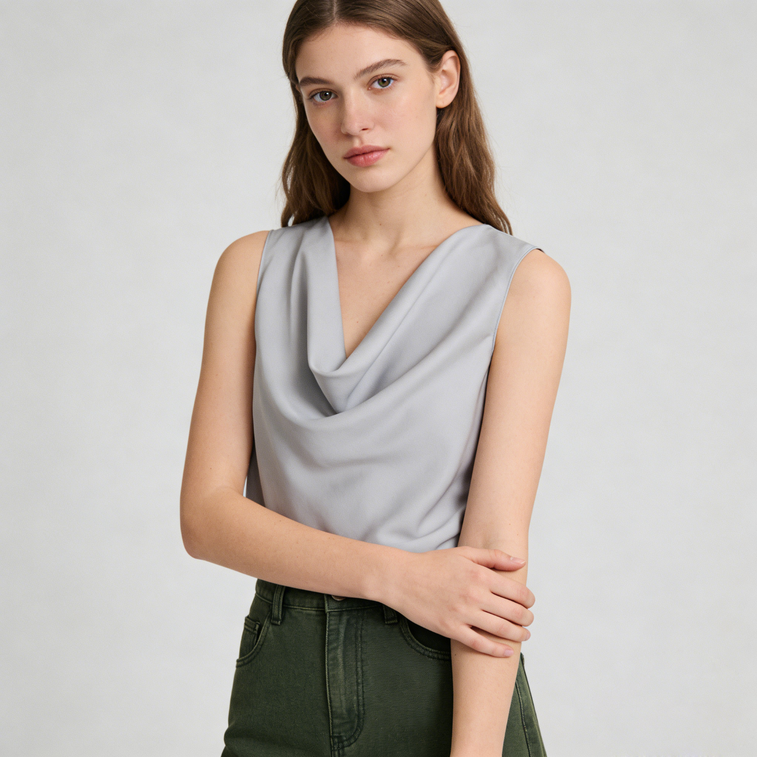 Women's Cowl Neck Elastic Georgette Mulberry Silk Cami - Luxury Sleeveless Top REAL SILK LIFE