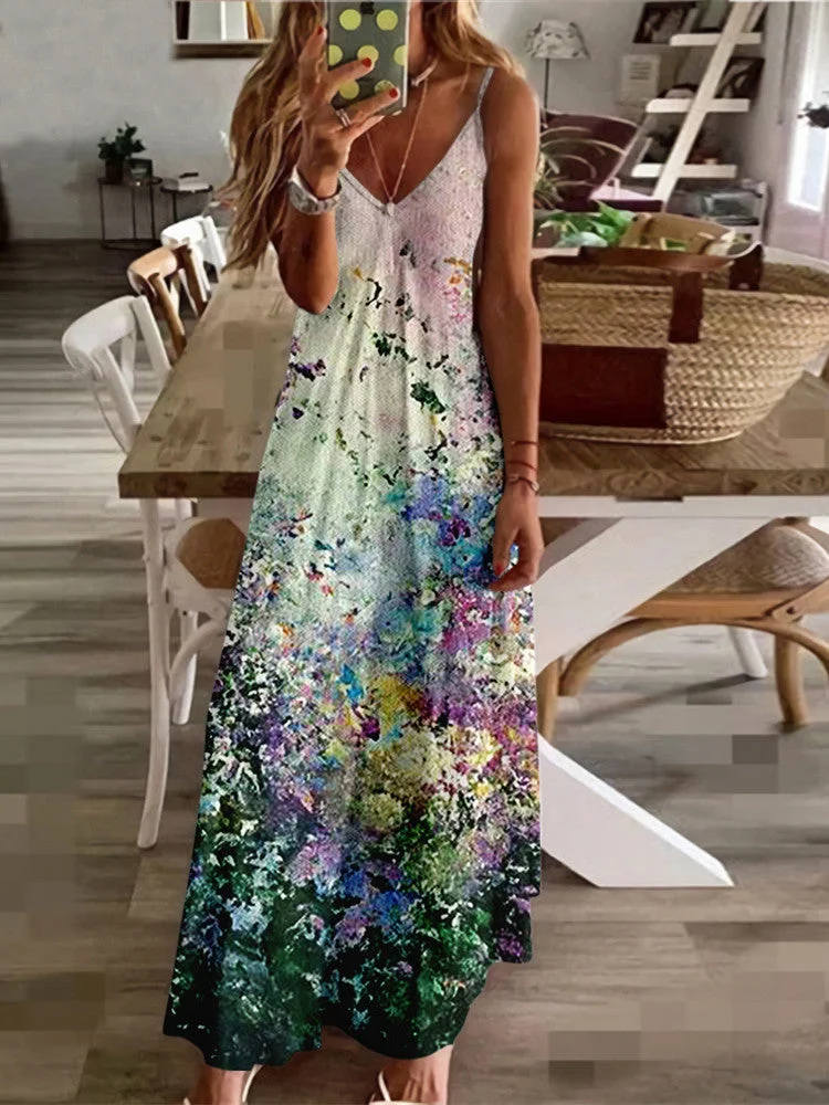 Women Sleeveless V-neck Floral Printed Maxi Dress