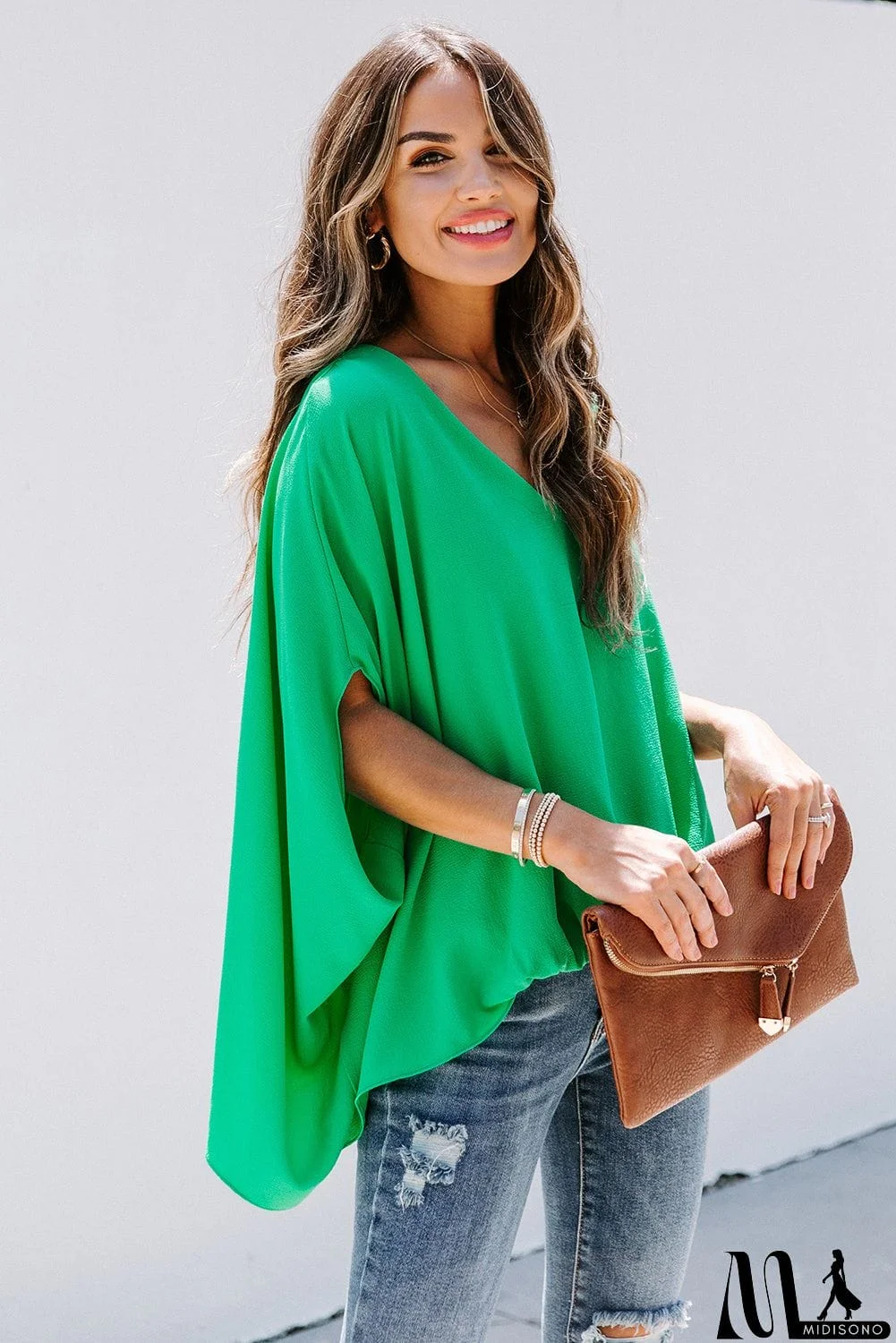 MidiSono - Draped Dolman Sleeves V Neck Blouse