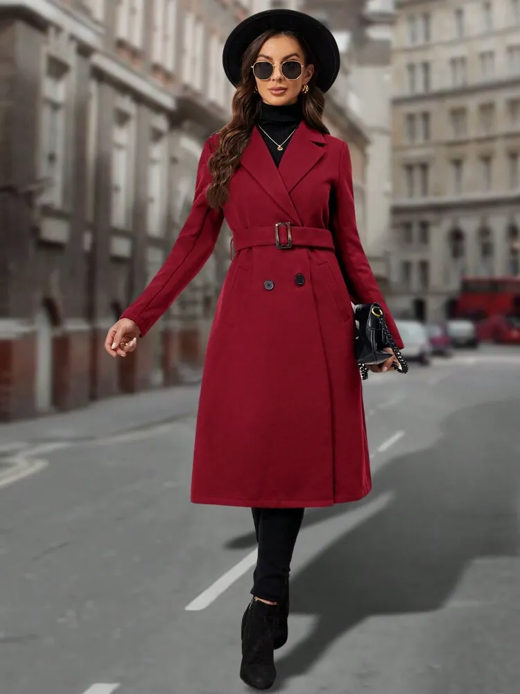 Women's Solid Color Notched Collar Long Sleeve Pocket Elegant Wool Blend Coat, Autumn/Winter