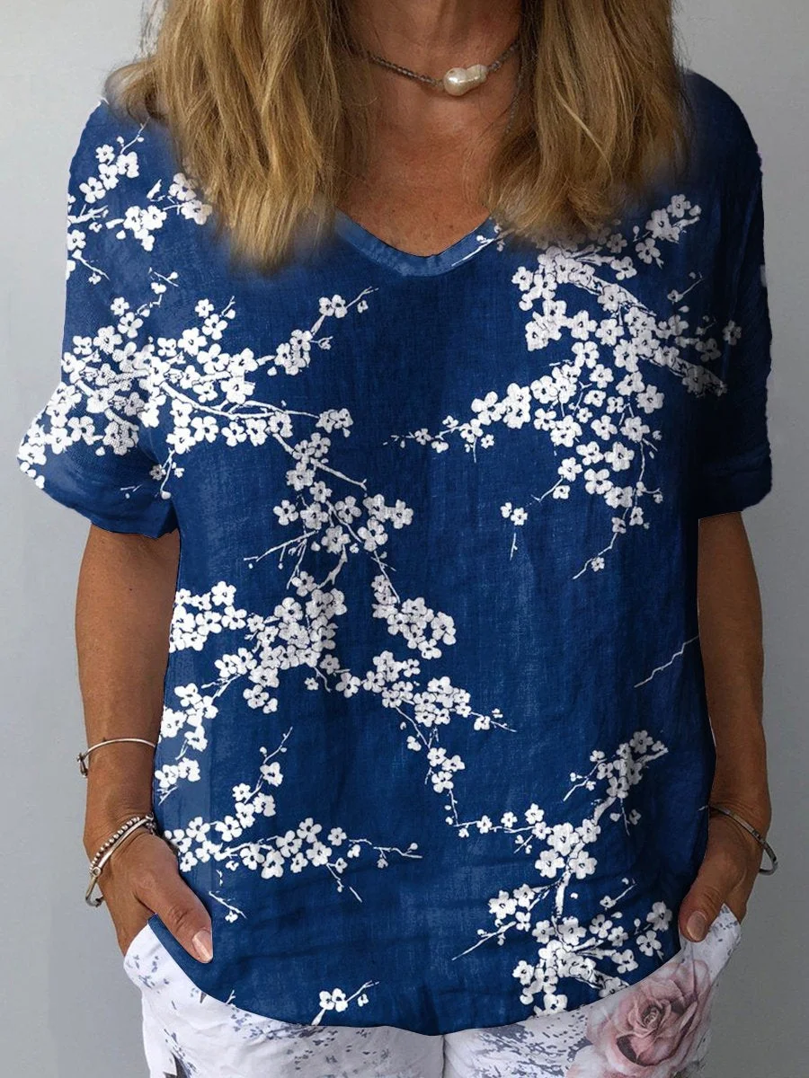 Women's  Flower  Art Print Casual Cotton And Linen Shirt