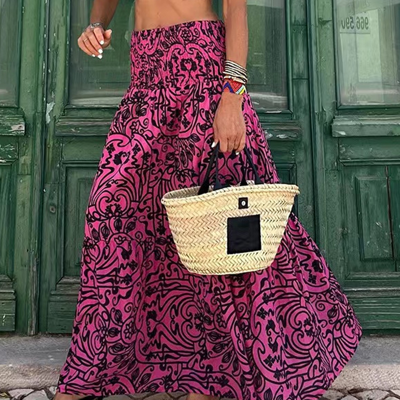 New High Waist Casual Lady Long Skirt A-Line Elastic Waist Loose Women's Skirt Rose Red Holiday Long Skirt for Women