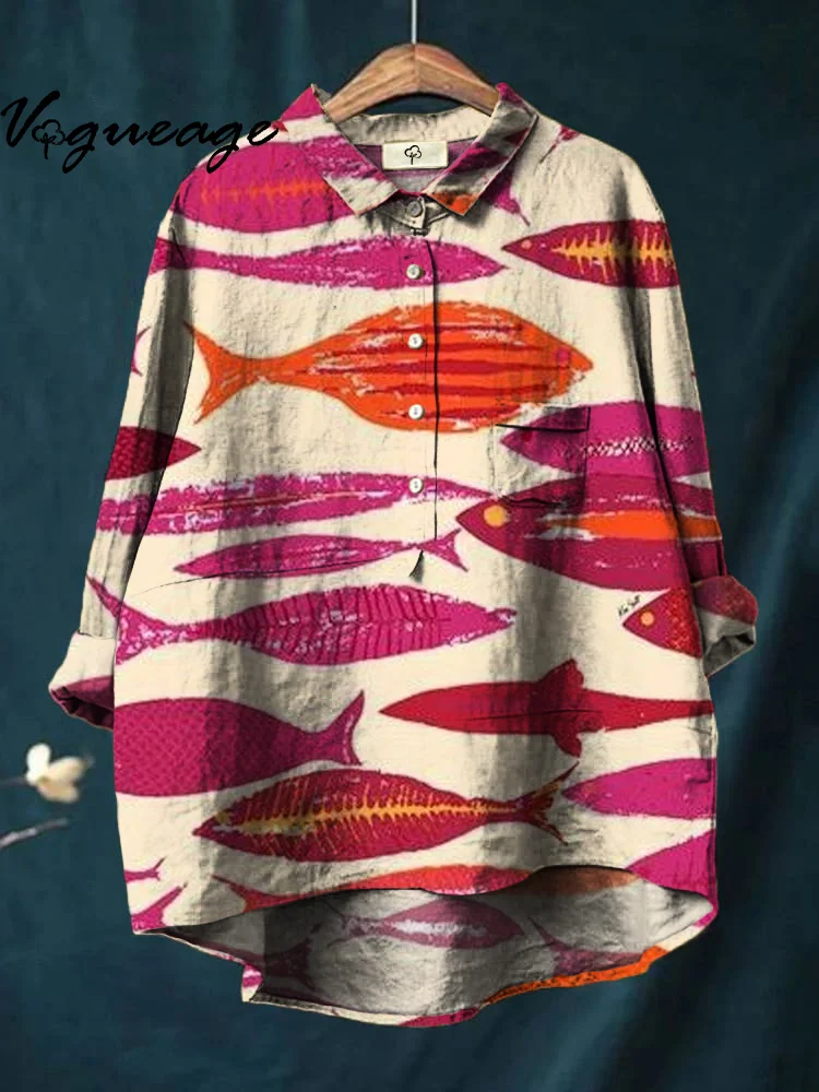 Simple Hand Drawn Fish Print Cotton And Linen Shirt