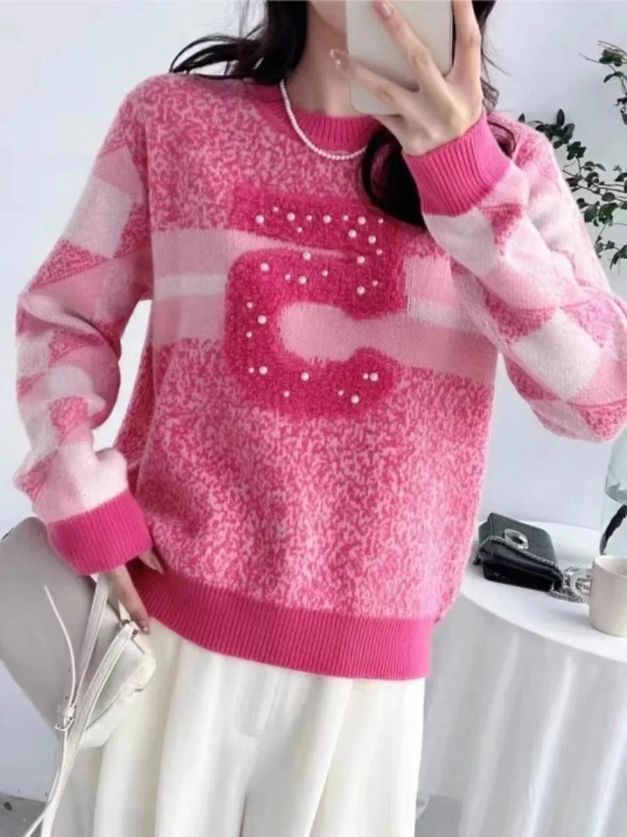Huiketi Fashion Beading Pullover Sweater Women's Winter O-Neck Long Sleeve Knitted Pullover Tops Jumper Sueter Mujer Pull Femme