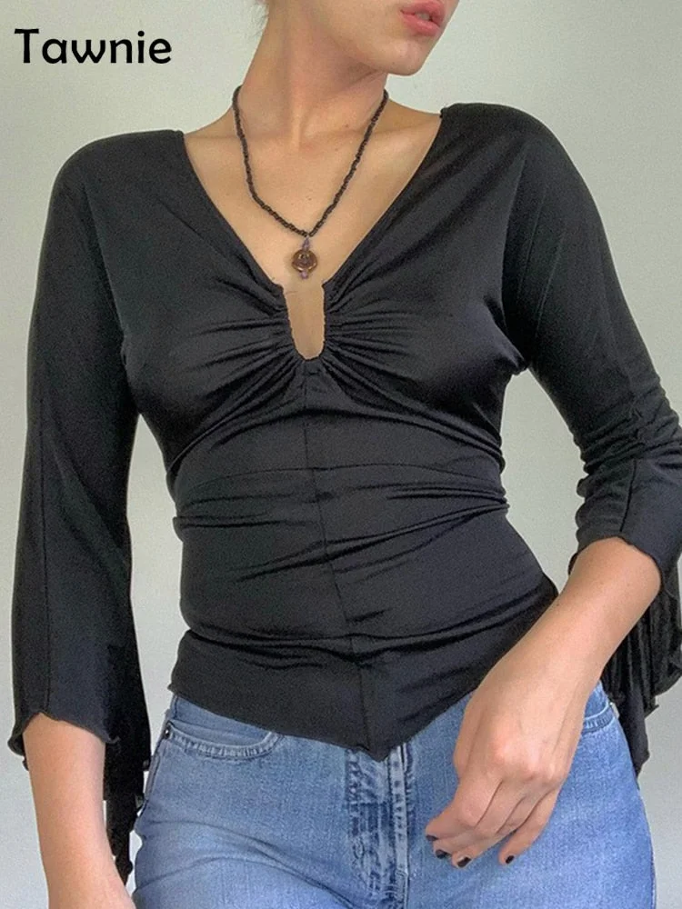 Gitana Vintage Flared Sleeve T Shirt Woman V Neck Slim Crop Top Kawaii Tee Shirts Tops Autumn Female Clothing Fairy Grunge 2022