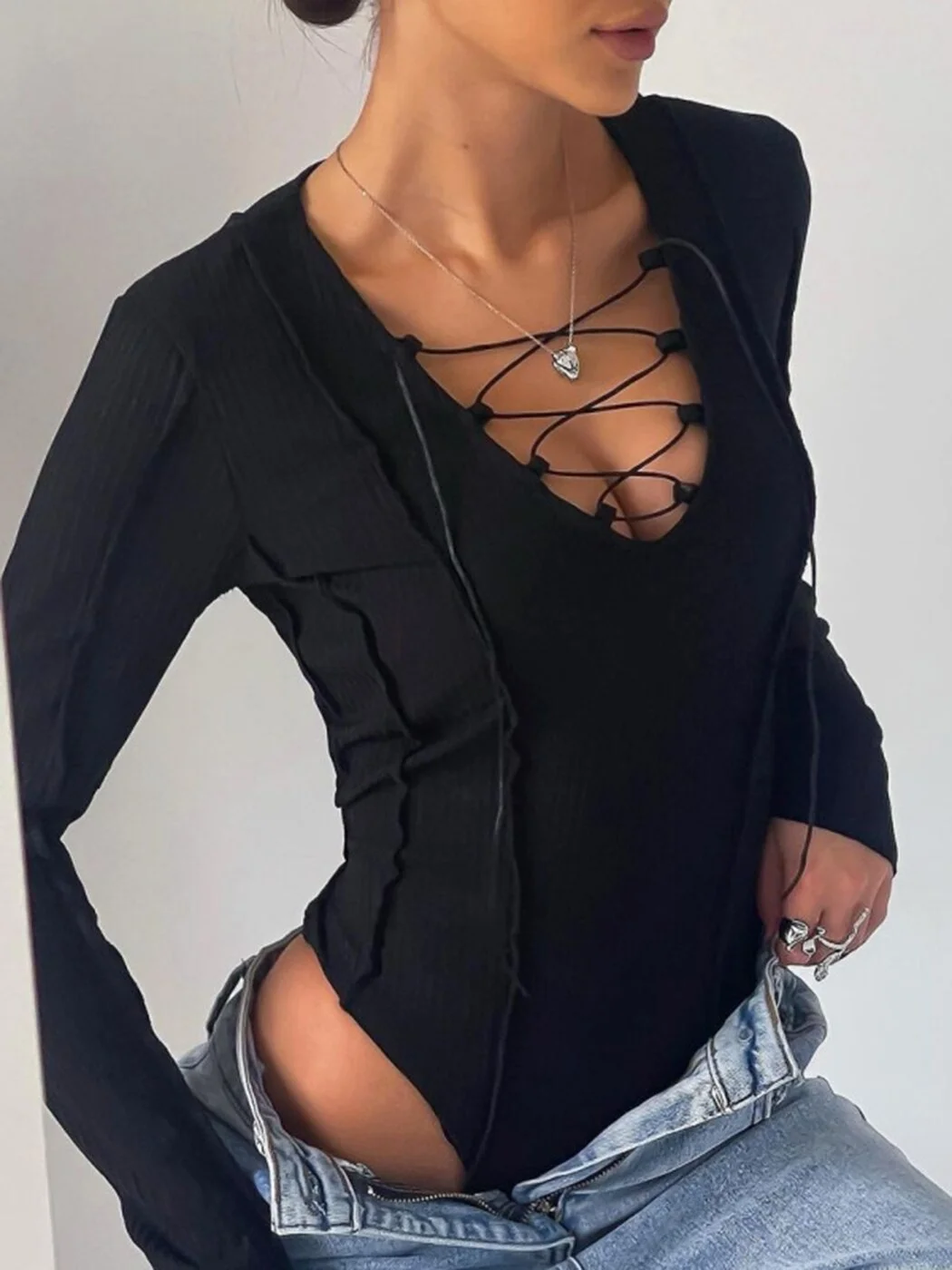 V-neck Lace Up Women Bodysuit  One-piece 2023 Spring Fashion Stretchy Solid Color Long Sleeve Fishbone Hot Girl Bodysuit