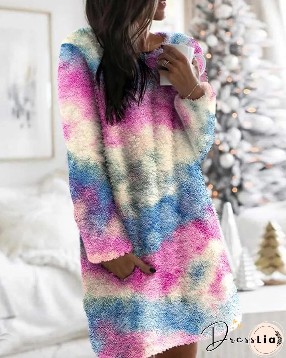 Long Sleeves Shift Above Knee Casual Tie Dye/Camo Print Pocket Plush Dresses(7 Colors)