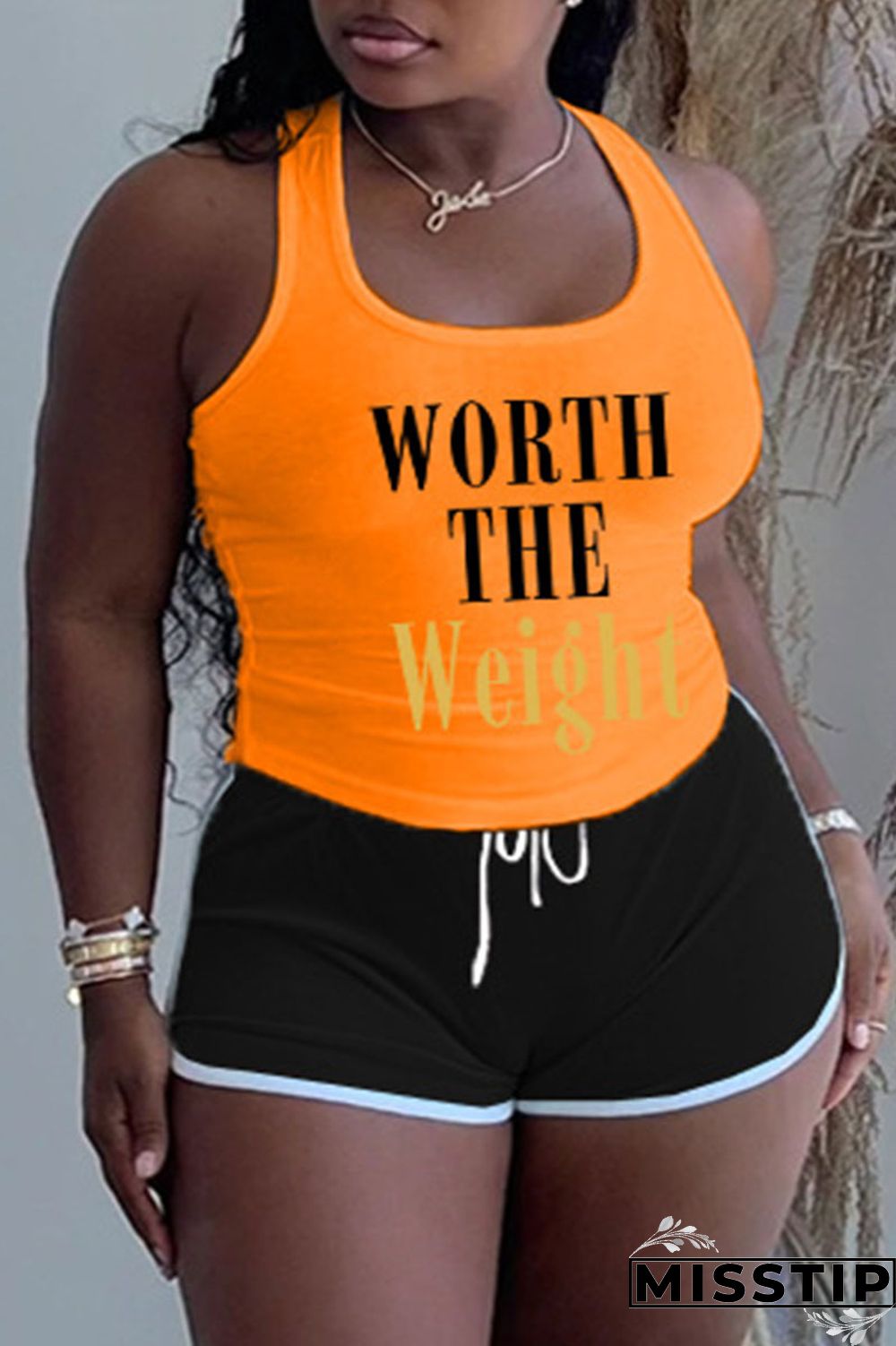 Khaki Casual Letter Patchwork U Neck Plus Size Two Pieces