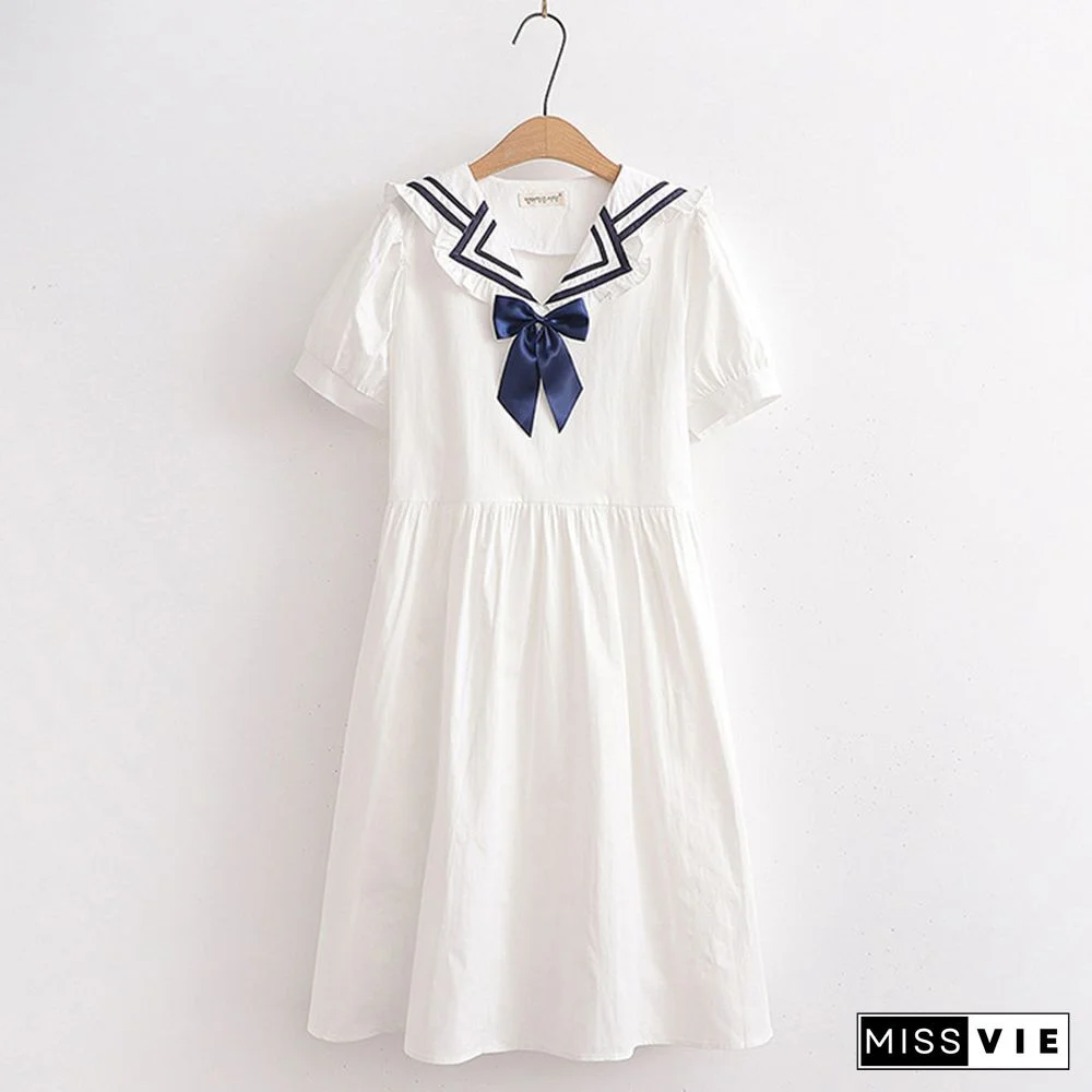 Bow Decor Sailor Collar Lace Up A-line Dress