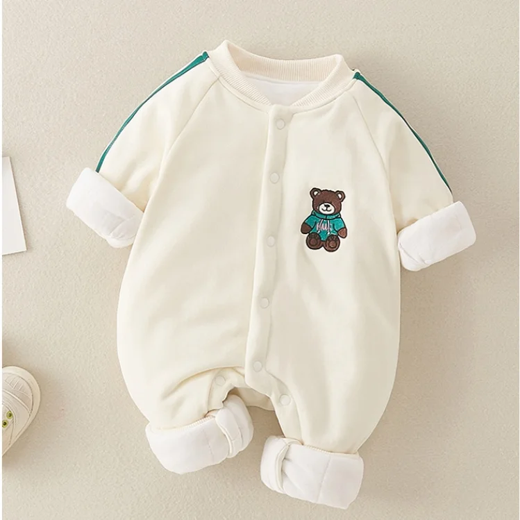 Baby Boy Bear Embroidery Long Sleeve Crewneck  Romper