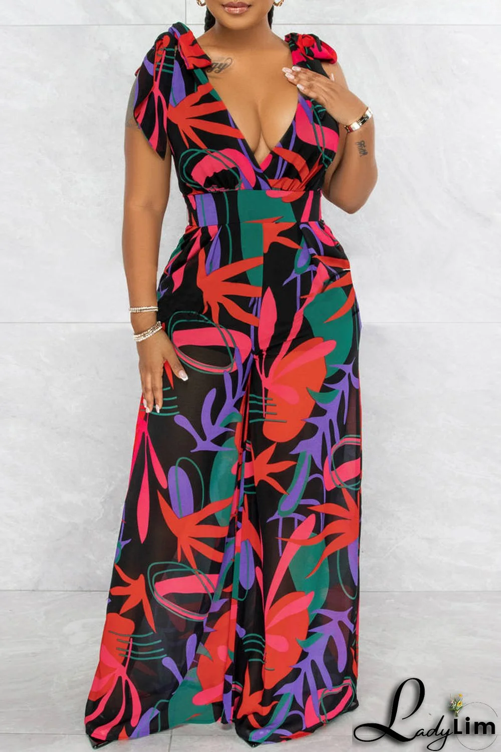 Multicolor Fashion Casual Print Bandage Backless V Neck Regular Jumpsuits