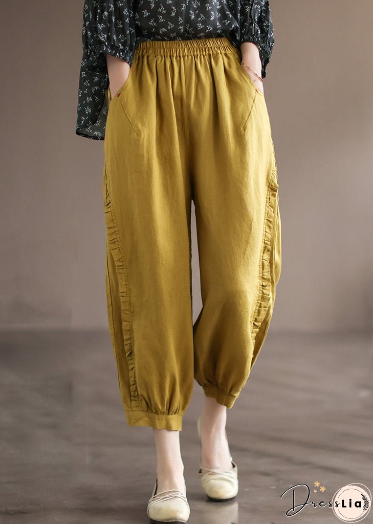 Loose Yellow Ruffled Pockets High Waist Linen Crop Pants Summer