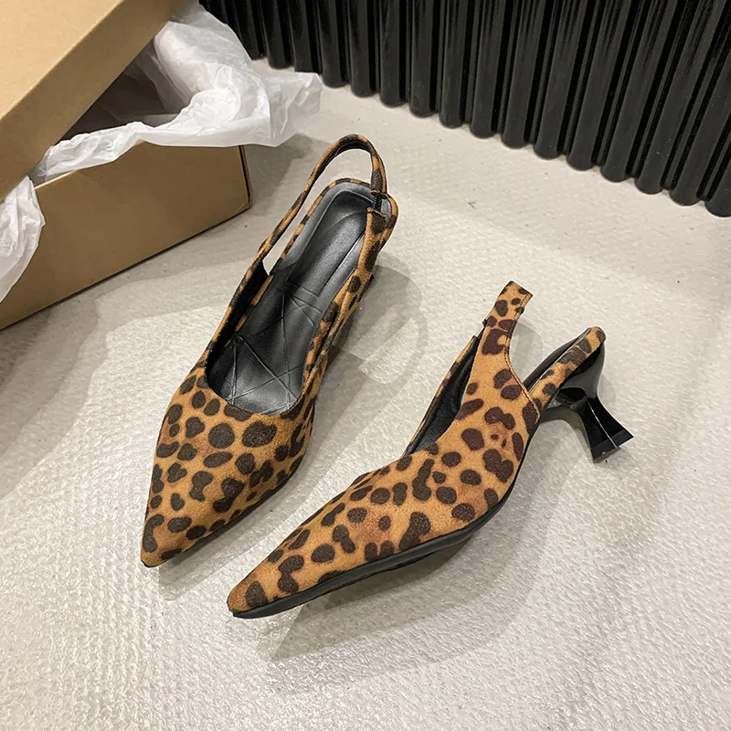 Zhungei Summer Woman Sandals Fashion Shallow Pointed Toe High Heel Shoes Ladies Outdoor Dress Leopard Sandalias