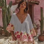 Women's Vintage Floral Art Embroidery Linen T-shirt - Image 4
