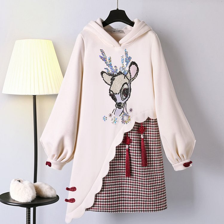 Vintage Deer Graphic Plaid Plush Hooded Sweatshirt Dress - Modakawa modakawa