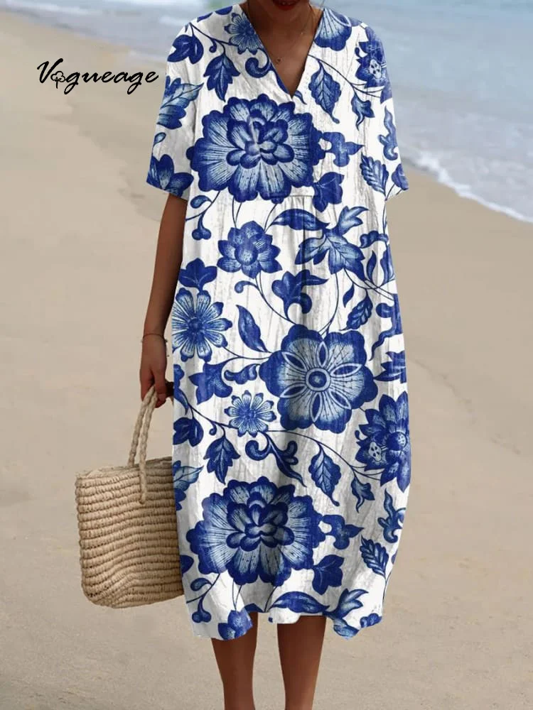 Elegant Ink Painting Flowers And Plants Printed Women's Casual Cotton And Linen Dress