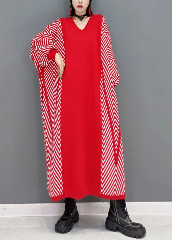 Red Patchwork Knit Loose Holiday Dress