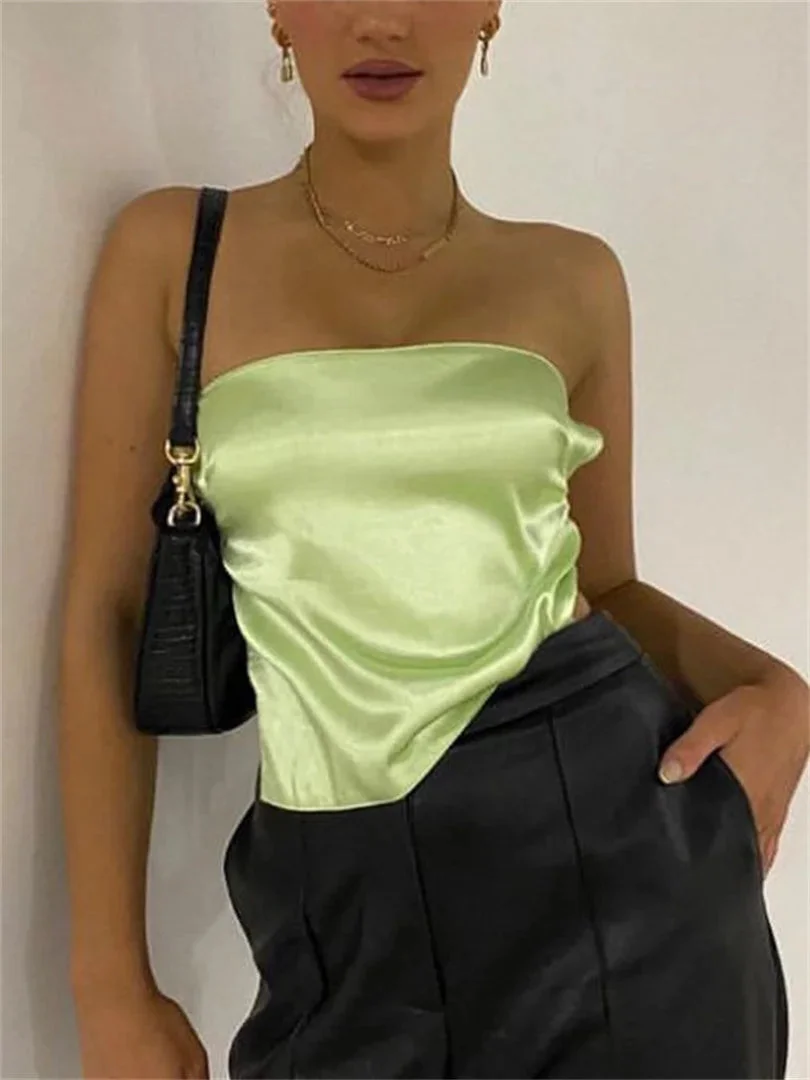 Oocharger Chic Summer Satin Bandeau Tops Women Sleeveless Back Tie Up Tank Tops Solid Color Strapless Tube Tops Female Vest