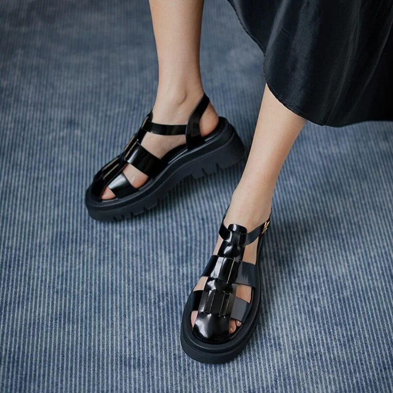 2023 New Summer Women Shoes Round Toe Square Heel Tape Weaving Women Sandals Leather Platform Sandals Flat Plus Size Shoes