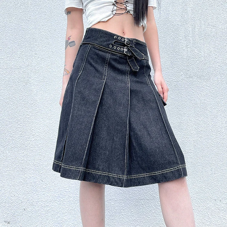 Pleated Denim Midi Skirt