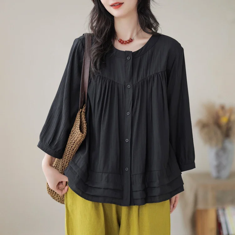 Women Retro Loose Casual Pleated Blouse