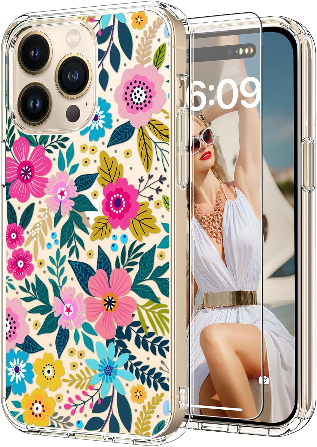 ProCaseMall iPhone 15 Pro Case with Screen Protector- Cute Colorful Blooming Floral