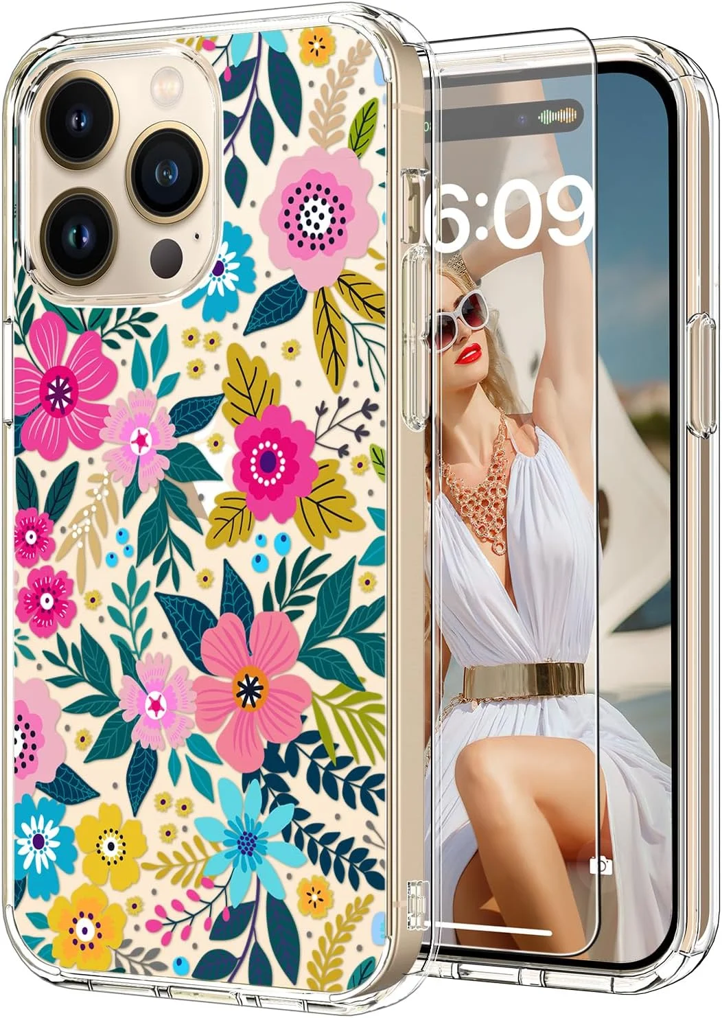  ProCaseMall iPhone 15 Pro Case with Screen Protector- Cute Colorful Blooming Floral ProCaseMall