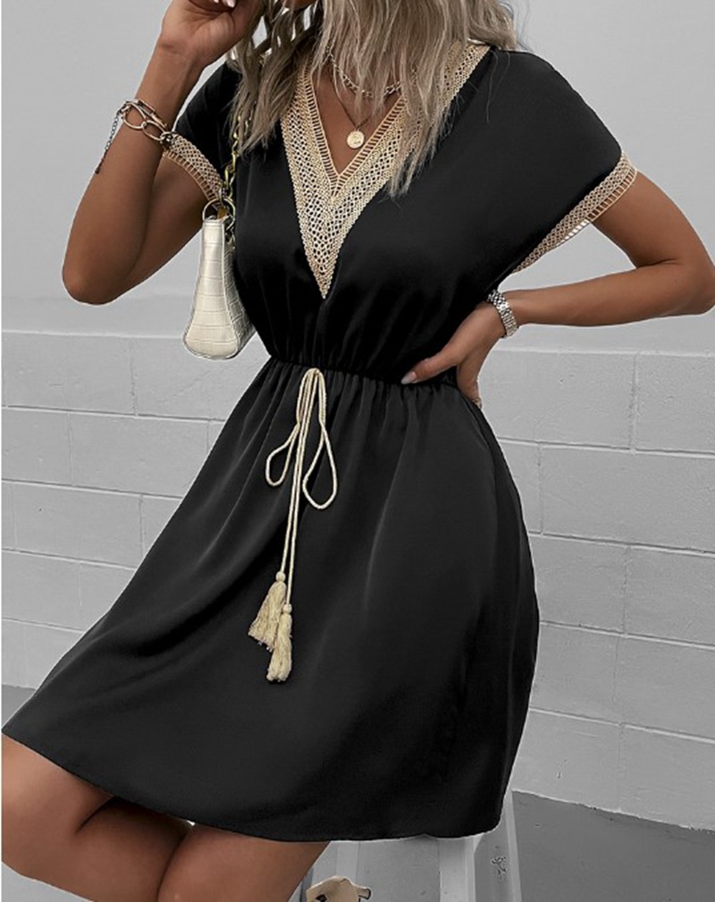 Women Elegant Fashion V Neck Loose Short Sleeve Mini Dress