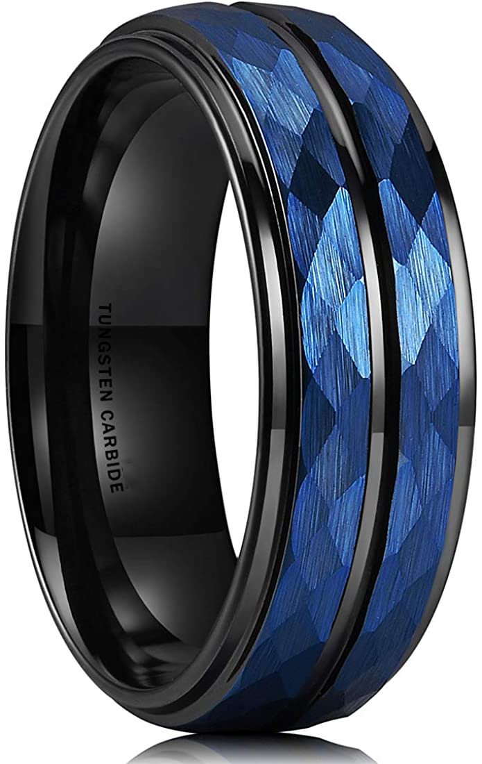 Women Mens 8mm Blue Hammered Tungsten Carbide Ring Black Two Tone Wedding Bands carbon fiber Groove Step Edge custom