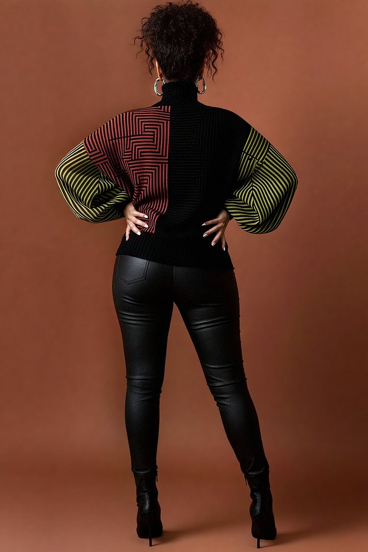 Xpluswear Design Plus Size Business Casual Multicolor Colorblock Round Neck Lantern Sleeve Long Sleeve Casual Crochet Sweaters