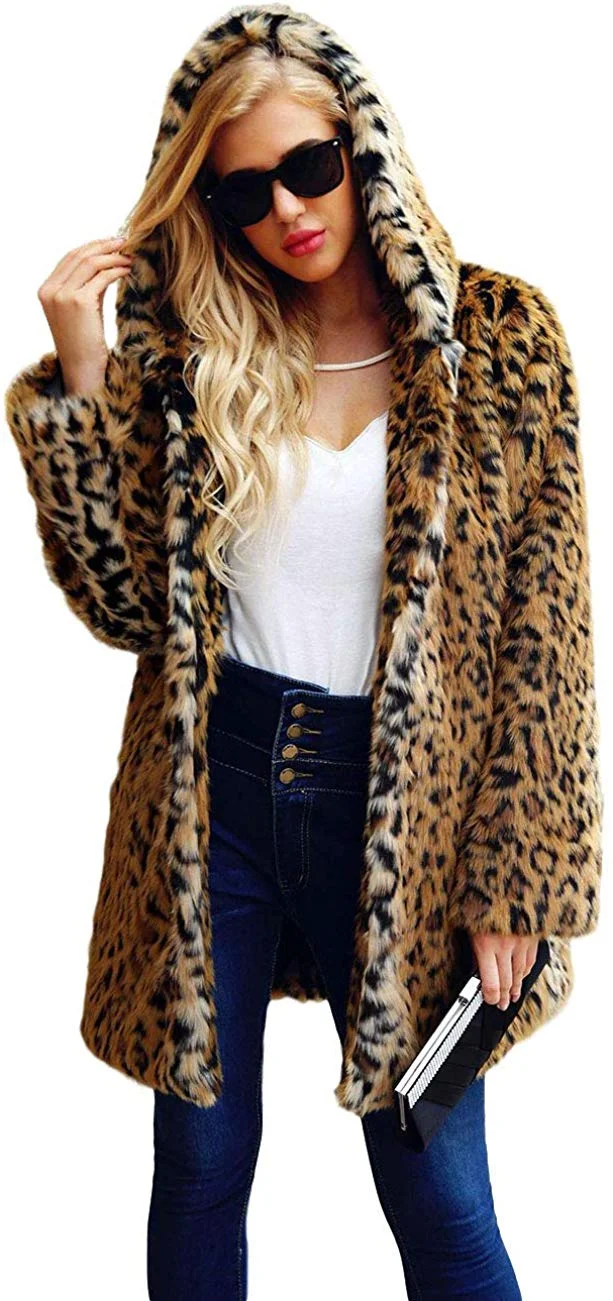 Womens Ladies Winter Mid Long Length Leopard Faux Fur Hooded Parka Jacket Coat Outerwear