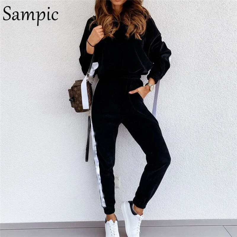 Sampic Casual Women Autumn Tracksuit Set Long Sleeve Sport Velvet Hoodies Tops And Pants Two Piece Set Sweatpants Suit Outfits